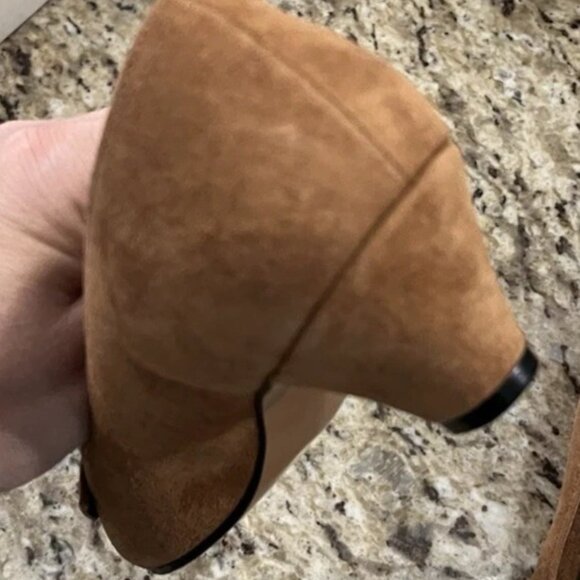 Vintage California Magdesians Tan Suede Peep Toe Heels Bow Size 6M Brown Shoe - Picture 4 of 11